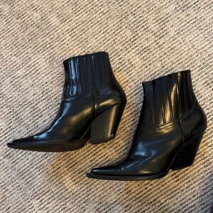Pointed toe Black Leather Ankle Western cowgirl Boots